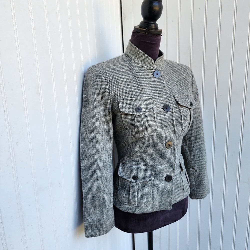Liz Claiborne Chunky Tweed Gray Wool Cashmere Blazer Woolmark Military Sz 6 - Picture 2 of 13